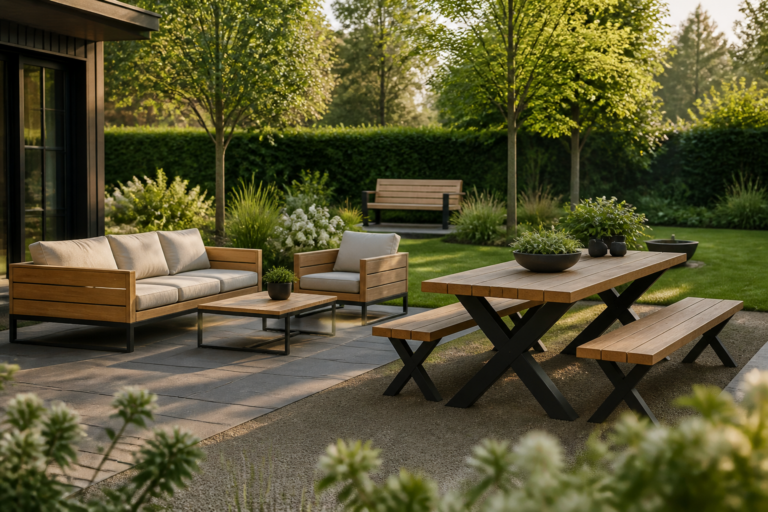 Stijlvolle tuin met Douglas houten loungeset, picknicktafel en tuinbank.